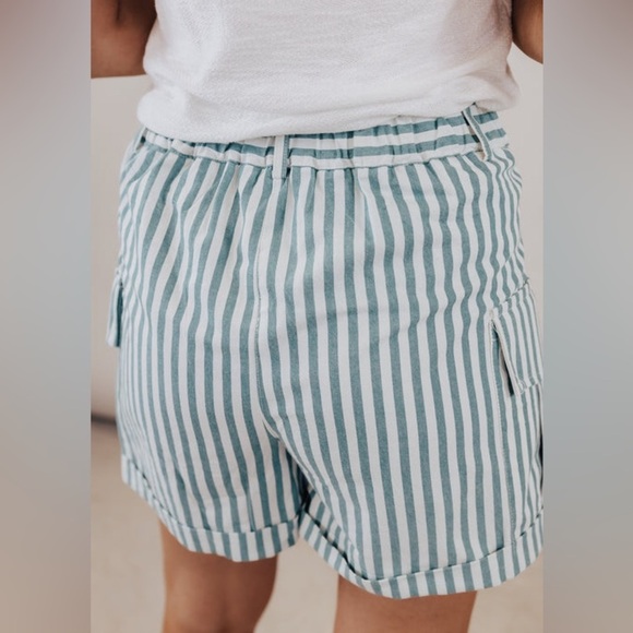 Blu Pepper Green and White Stripe Cargo Shorts - Picture 7 of 16